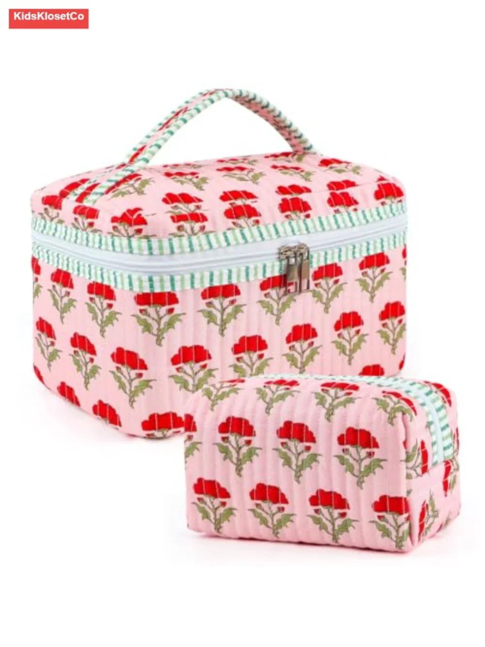 Quilted Makeup Bag Set, Floral Travel Cosmetic Pouch, 2 Piece Cosmetic Case